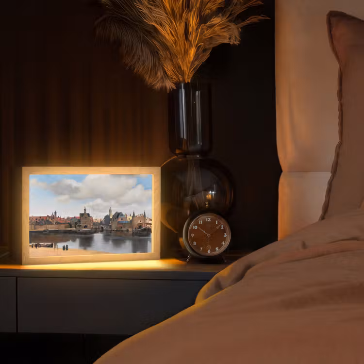 Vermeer - Stad - Oude meesters - Kunst Light Box met kabel (Tafellamp) klein -sfeer1