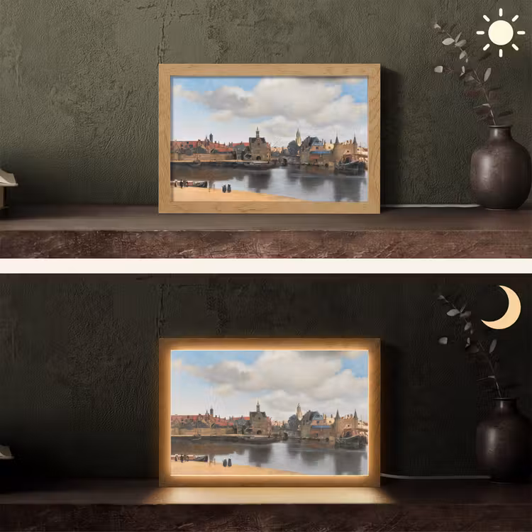 Vermeer - Stad - Oude meesters - Kunst Light Box met kabel (Tafellamp) klein -sfeer3