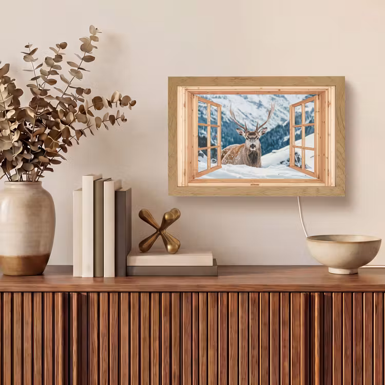 Doorkijk - Hert - Landschap - Winter - Natuur - Dieren - Bergen Light Box met kabel (Tafellamp) klein -sfeer2