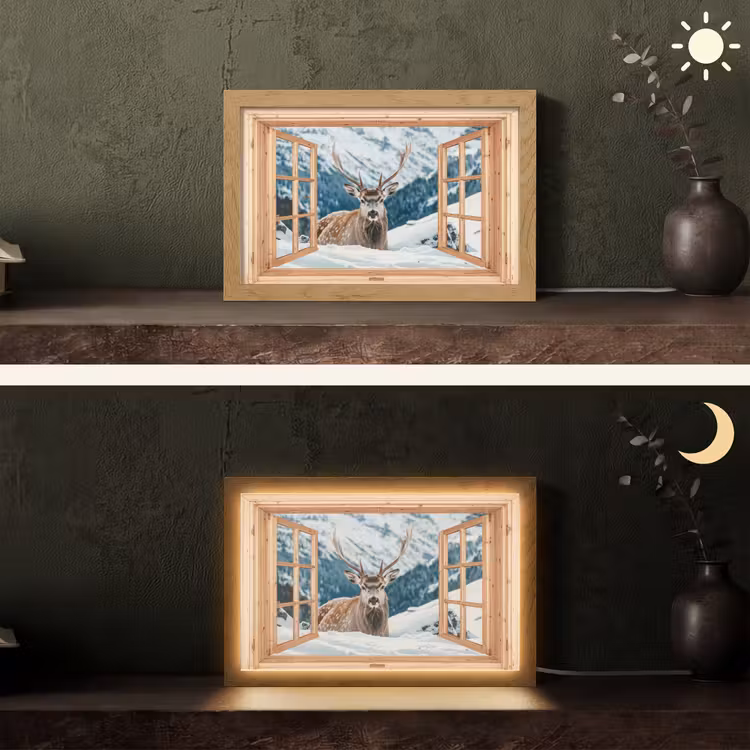 Doorkijk - Hert - Landschap - Winter - Natuur - Dieren - Bergen Light Box met kabel (Tafellamp) klein -sfeer3
