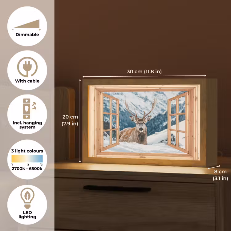 Doorkijk - Hert - Landschap - Winter - Natuur - Dieren - Bergen Light Box met kabel (Tafellamp) klein -USP_EN