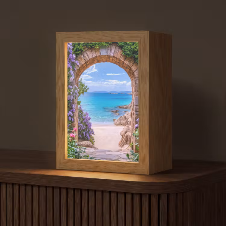 Doorkijk - Poort - Zee - Strand - Rotsen Light Box met kabel (Tafellamp) klein -z3d_website