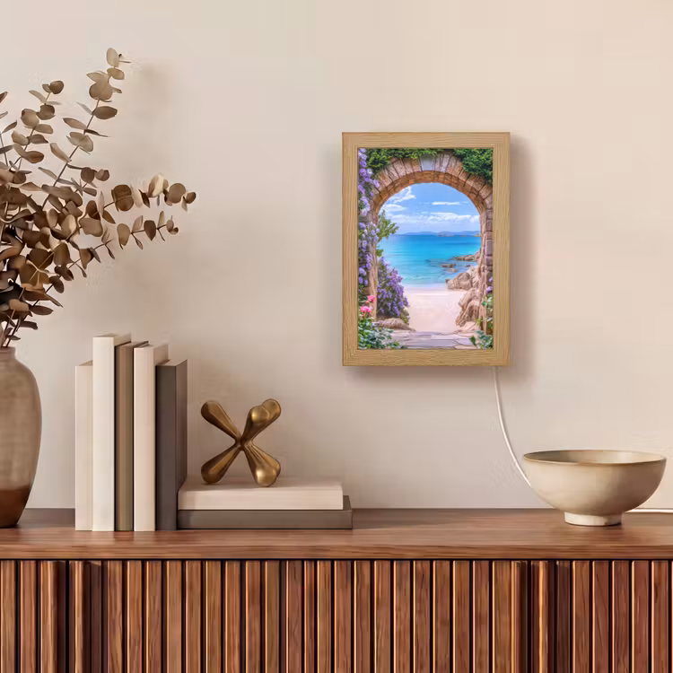 Doorkijk - Poort - Zee - Strand - Rotsen Light Box met kabel (Tafellamp) klein -sfeer2