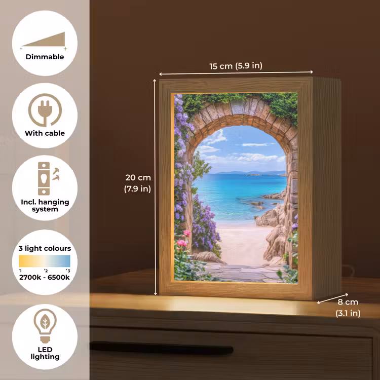 Doorkijk - Poort - Zee - Strand - Rotsen Light Box met kabel (Tafellamp) klein -USP_EN
