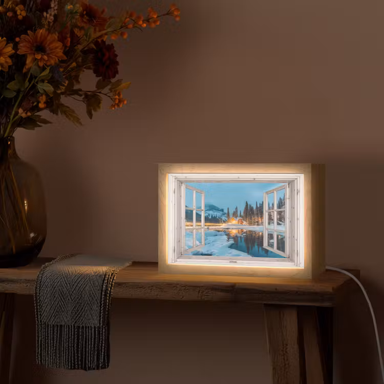 Doorkijk - Winterlandschap - Natuur - Huis - Bergen Light Box met kabel (Tafellamp) klein -sfeer4