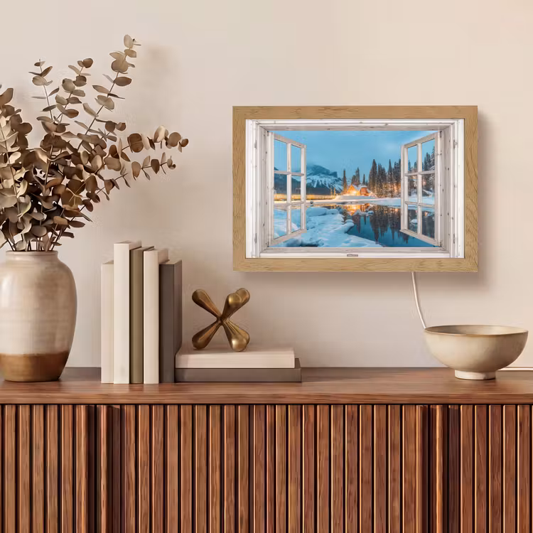 Doorkijk - Winterlandschap - Natuur - Huis - Bergen Light Box met kabel (Tafellamp) klein -sfeer2