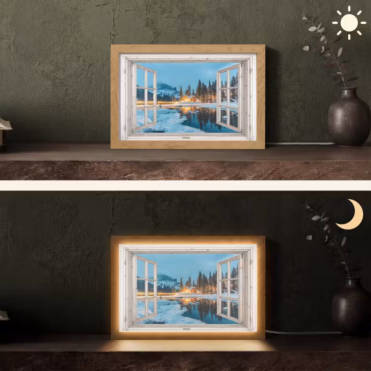 Doorkijk - Winterlandschap - Natuur - Huis - Bergen Light Box met kabel (Tafellamp) klein -sfeer3
