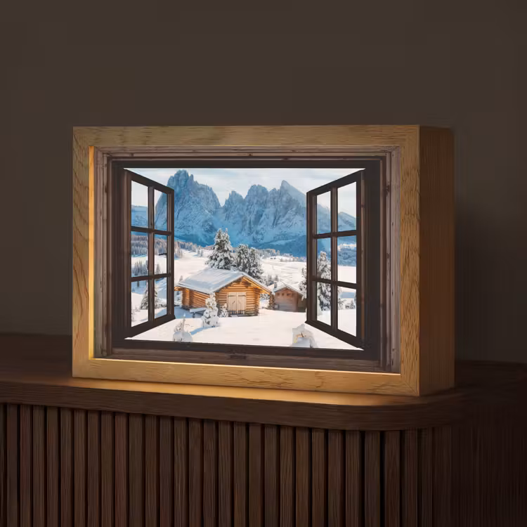 Doorkijk - Winter - Landschap - Huisje - Bergen Light Box met kabel (Tafellamp) klein -z3d_website