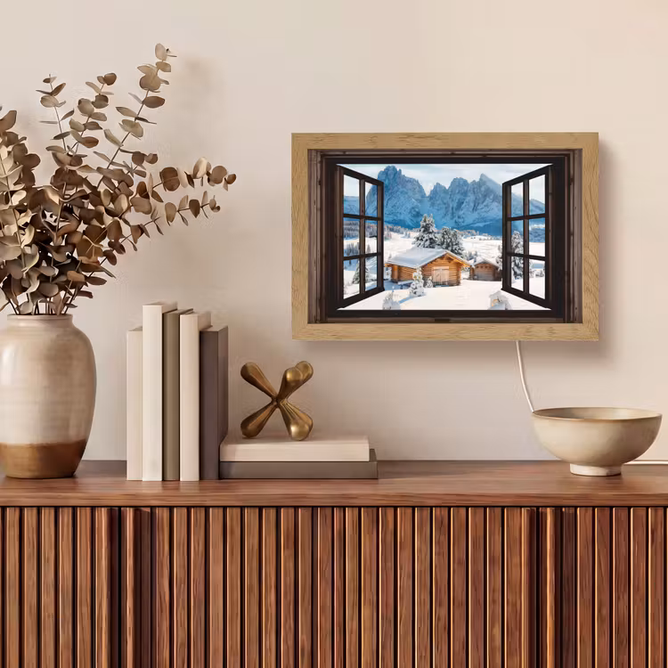 Doorkijk - Winter - Landschap - Huisje - Bergen Light Box met kabel (Tafellamp) klein -sfeer2