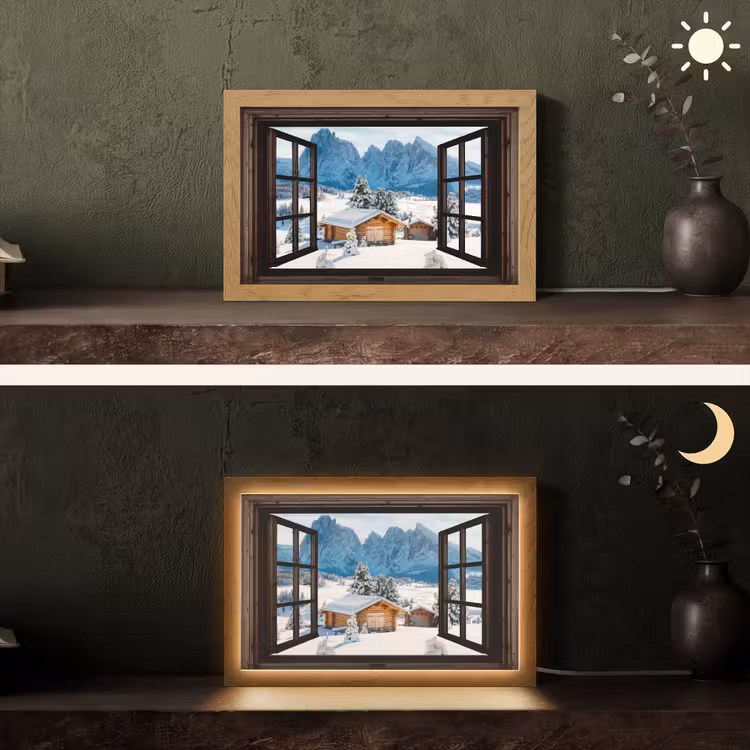 Doorkijk - Winter - Landschap - Huisje - Bergen Light Box met kabel (Tafellamp) klein -sfeer3