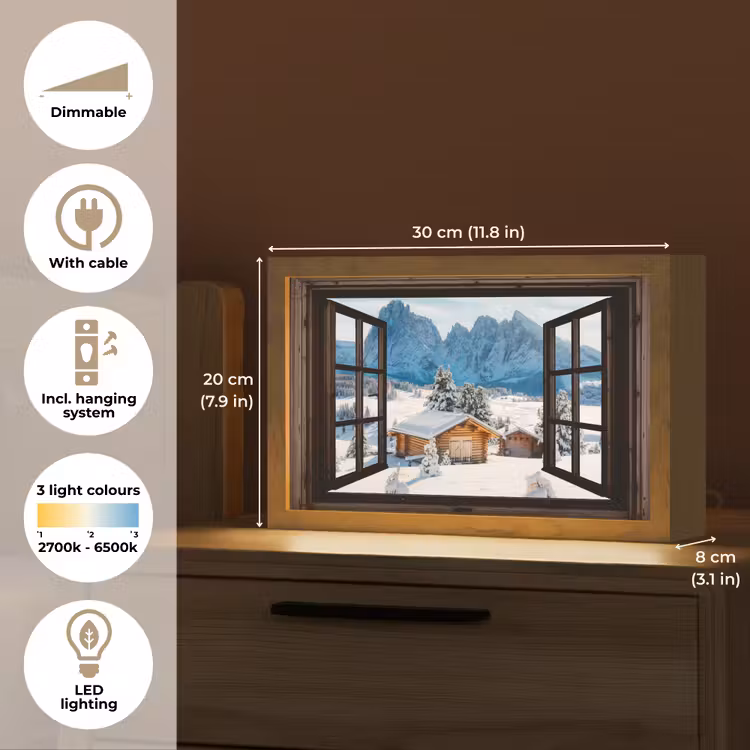 Doorkijk - Winter - Landschap - Huisje - Bergen Light Box met kabel (Tafellamp) klein -USP_EN