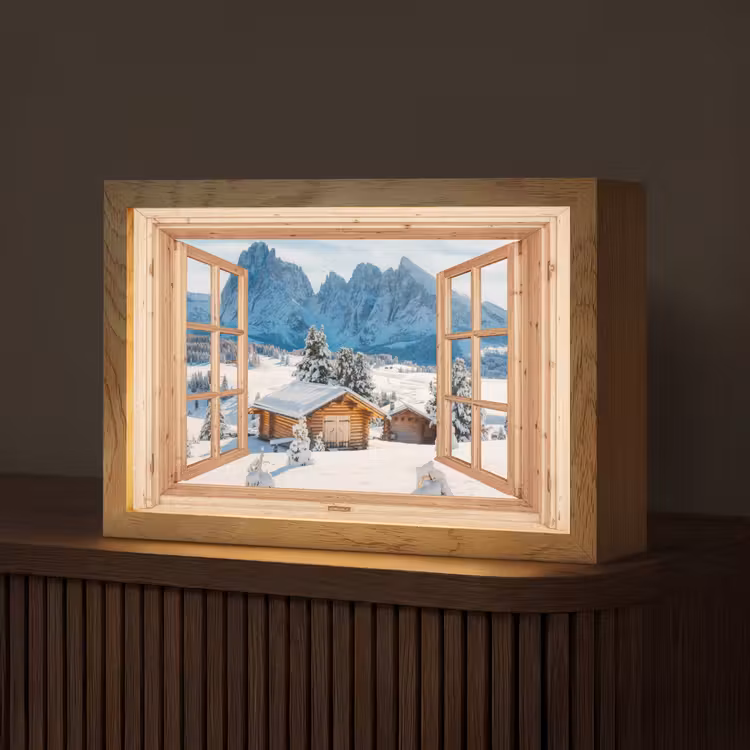 Doorkijk - Winterlandschap - Huisje - Bergen - Uitzicht Light Box met kabel (Tafellamp) klein -z3d_website