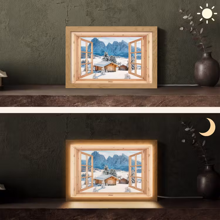 Doorkijk - Winterlandschap - Huisje - Bergen - Uitzicht Light Box met kabel (Tafellamp) klein -sfeer3