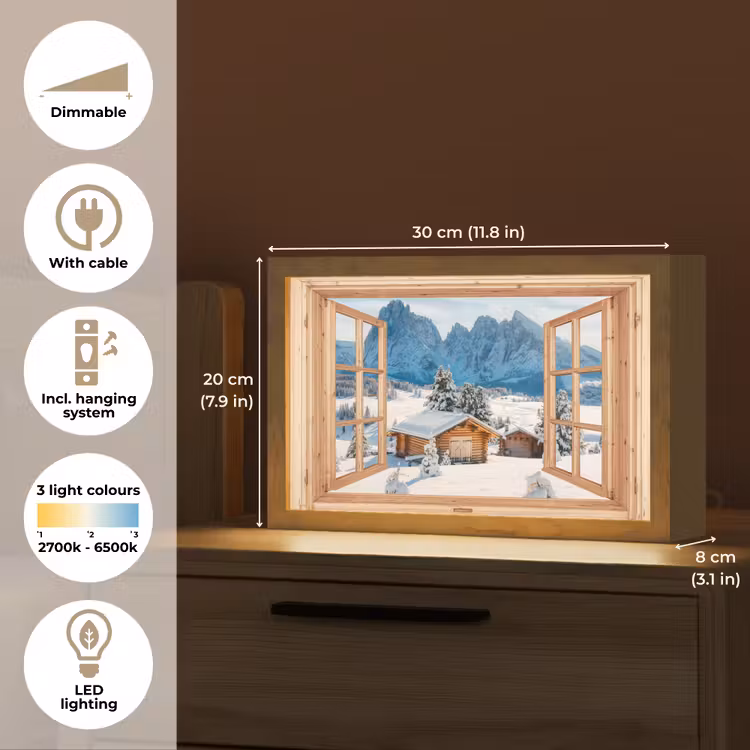 Doorkijk - Winterlandschap - Huisje - Bergen - Uitzicht Light Box met kabel (Tafellamp) klein -USP_EN