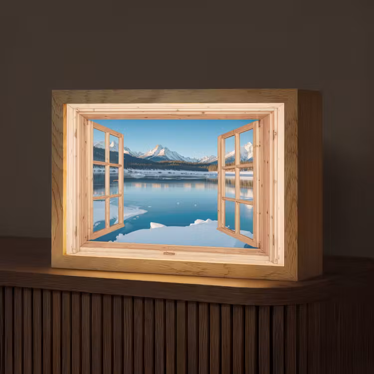 Doorkijk - Landschap - Winter - Meer - Bergen - Uitzicht Light Box met kabel (Tafellamp) klein -z3d_website
