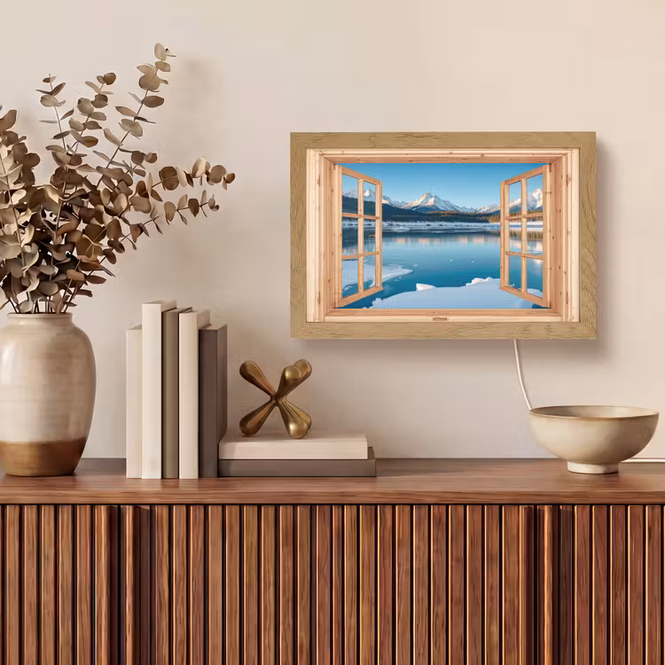 Doorkijk - Landschap - Winter - Meer - Bergen - Uitzicht Light Box met kabel (Tafellamp) klein -sfeer2