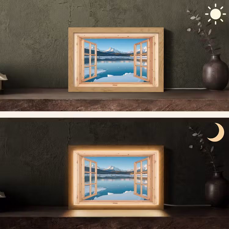 Doorkijk - Landschap - Winter - Meer - Bergen - Uitzicht Light Box met kabel (Tafellamp) klein -sfeer3