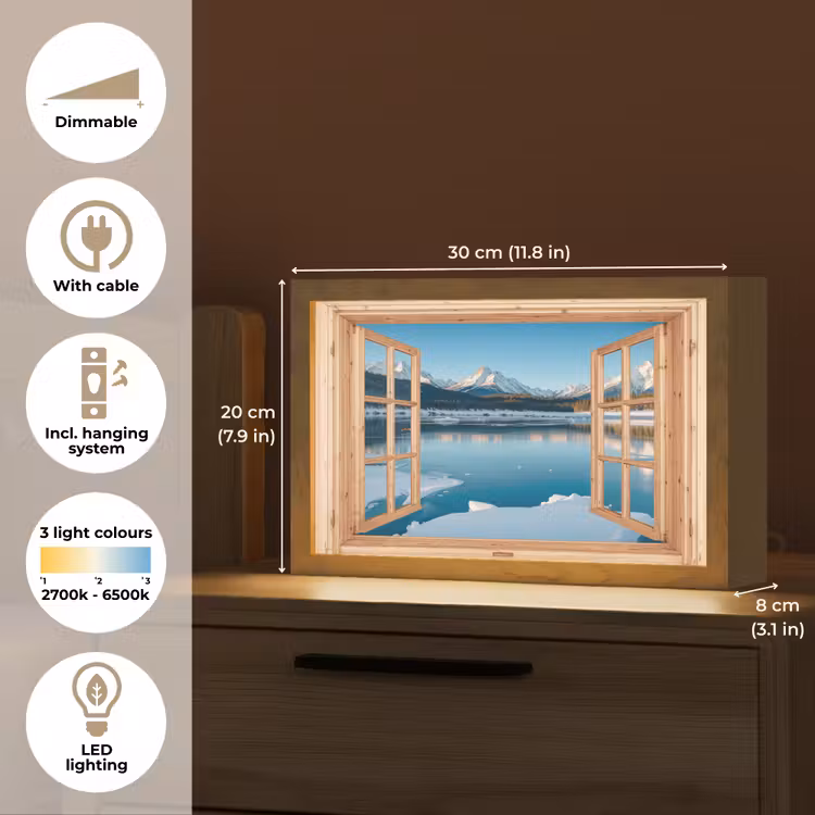 Doorkijk - Landschap - Winter - Meer - Bergen - Uitzicht Light Box met kabel (Tafellamp) klein -USP_EN