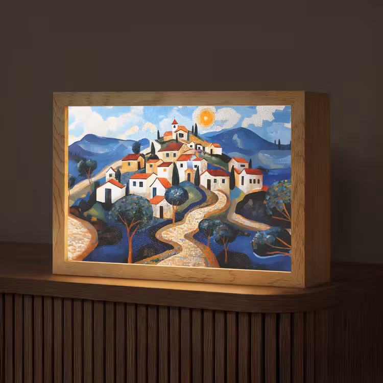 Dorp - Heuvelachtig - Zon - Mozaïek Light Box met kabel (Tafellamp) klein -z3d_website