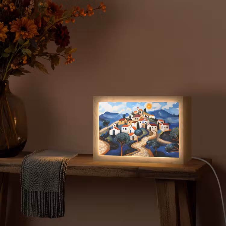 Dorp - Heuvelachtig - Zon - Mozaïek Light Box met kabel (Tafellamp) klein -sfeer4