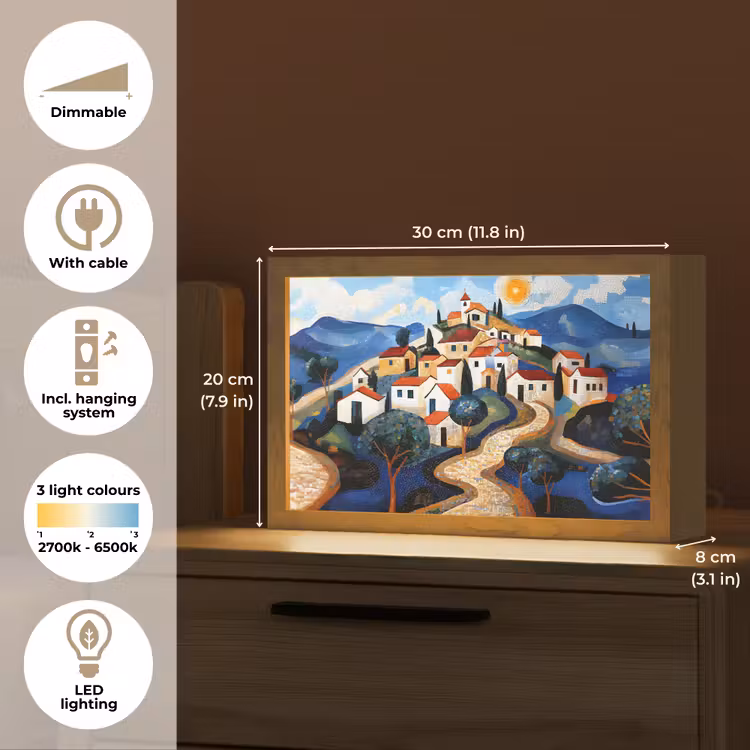 Dorp - Heuvelachtig - Zon - Mozaïek Light Box met kabel (Tafellamp) klein -USP_EN