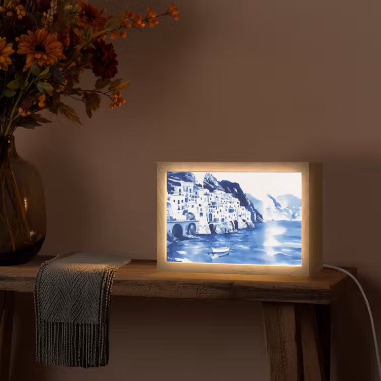 Dorp - Rotswand - Roeiboot - Water Light Box met kabel (Tafellamp) klein -sfeer4