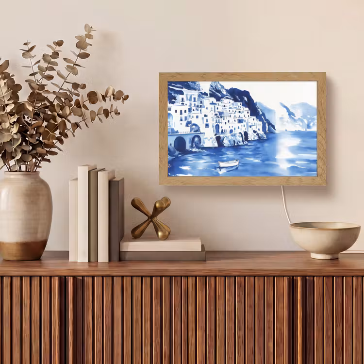 Dorp - Rotswand - Roeiboot - Water Light Box met kabel (Tafellamp) klein -sfeer2