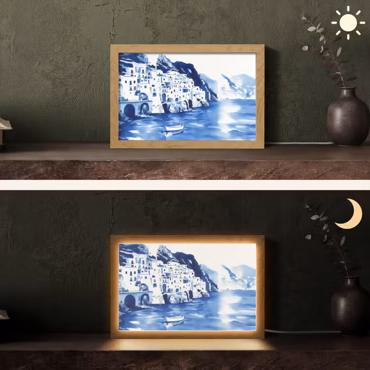 Dorp - Rotswand - Roeiboot - Water Light Box met kabel (Tafellamp) klein -sfeer3