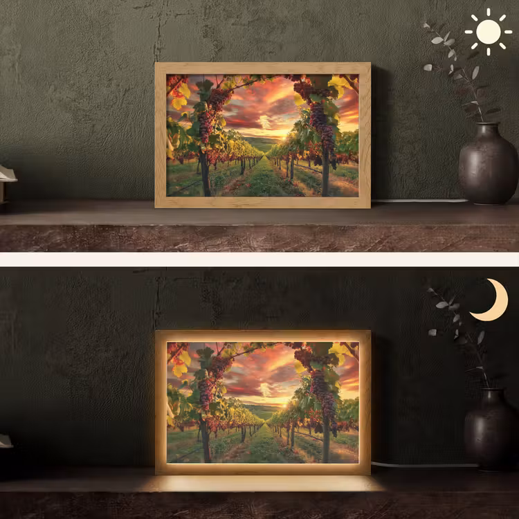 Wijngaard - Druiven - Zonsondergang Light Box met kabel (Tafellamp) klein -sfeer3