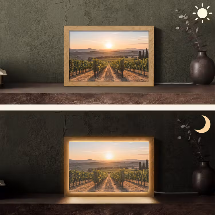 Wijngaard - Zonsondergang - Landschap Light Box met kabel (Tafellamp) klein -sfeer3