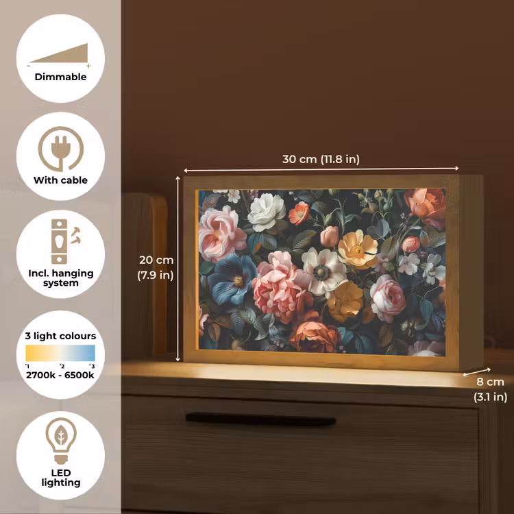 Vintage - Kleurrijk - Bloemen - Modern Light Box met kabel (Tafellamp) klein -USP_EN