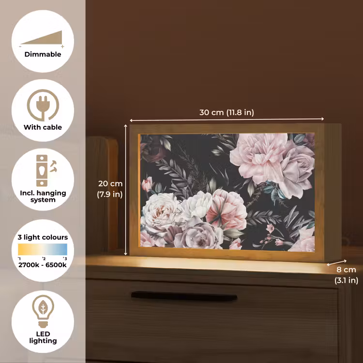 Vintage - Rozen - Romantisch - Bloemen Light Box met kabel (Tafellamp) klein -USP_EN