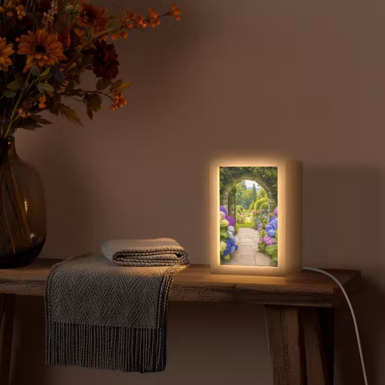 Doorkijk - Poort - Hortensia - Bloementuin Light Box met kabel (Tafellamp) klein -sfeer4