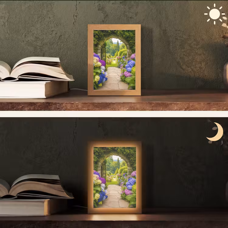 Doorkijk - Poort - Hortensia - Bloementuin Light Box met kabel (Tafellamp) klein -sfeer3
