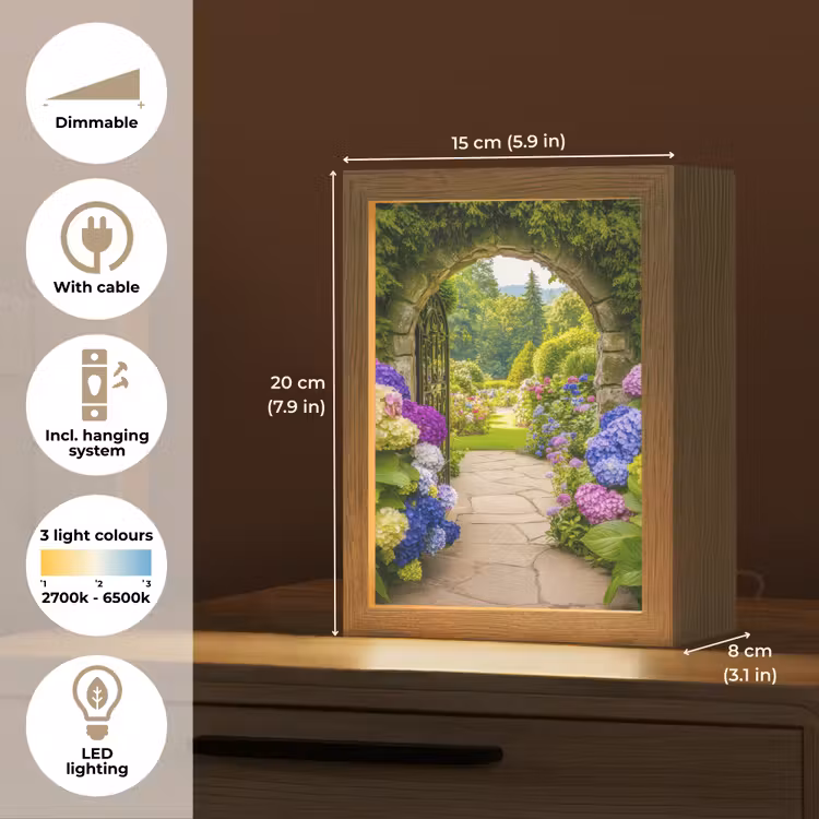 Doorkijk - Poort - Hortensia - Bloementuin Light Box met kabel (Tafellamp) klein -USP_EN