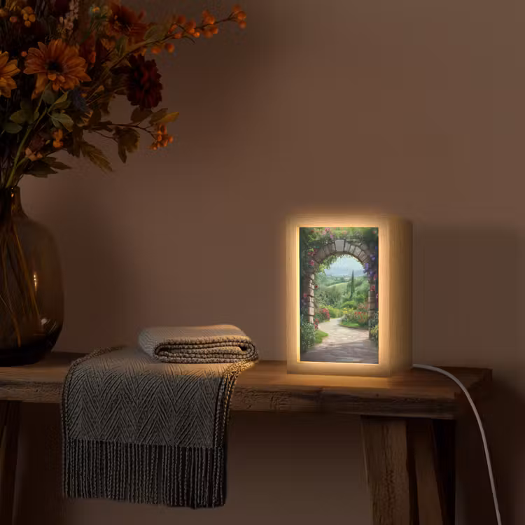 Doorkijk - Landschap - Bloemen - Pad - Uitzicht Light Box met kabel (Tafellamp) klein -sfeer4