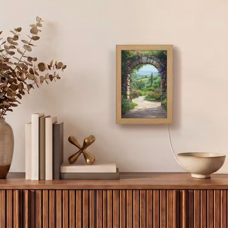 Doorkijk - Landschap - Bloemen - Pad - Uitzicht Light Box met kabel (Tafellamp) klein -sfeer2