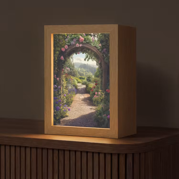 Doorkijk - Landschap - Bloemen - Rozenboog - Natuur Light Box met kabel (Tafellamp) klein -z3d_website