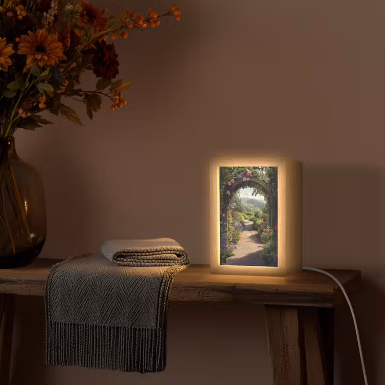 Doorkijk - Landschap - Bloemen - Rozenboog - Natuur Light Box met kabel (Tafellamp) klein -sfeer4