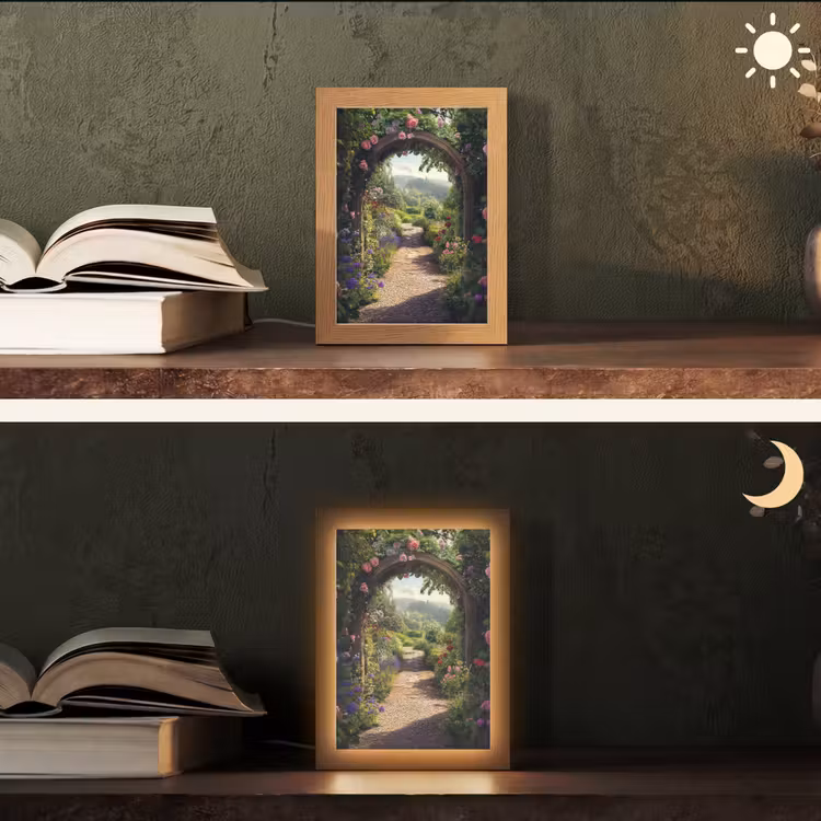 Doorkijk - Landschap - Bloemen - Rozenboog - Natuur Light Box met kabel (Tafellamp) klein -sfeer3