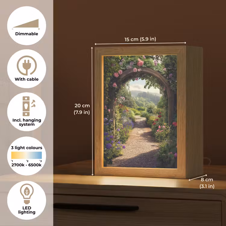 Doorkijk - Landschap - Bloemen - Rozenboog - Natuur Light Box met kabel (Tafellamp) klein -USP_EN