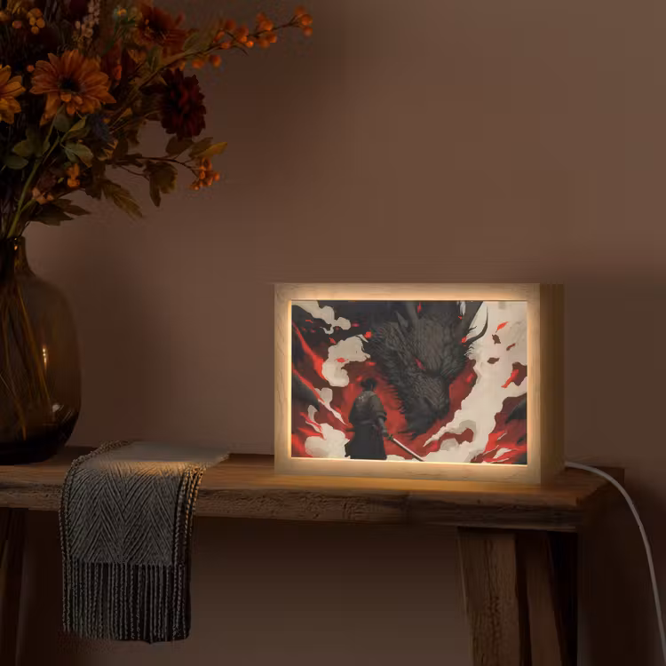 Krijger - Draak - Zwart - Rood - Rook Light Box met kabel (Tafellamp) klein -sfeer4