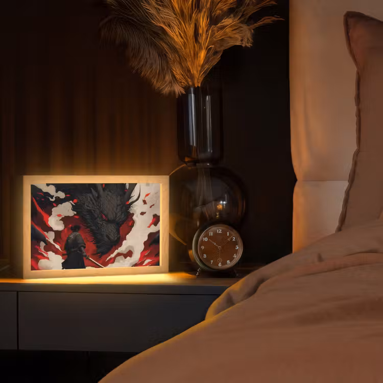 Krijger - Draak - Zwart - Rood - Rook Light Box met kabel (Tafellamp) klein -sfeer1