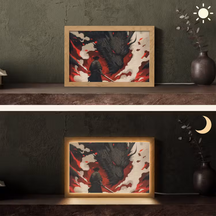 Krijger - Draak - Zwart - Rood - Rook Light Box met kabel (Tafellamp) klein -sfeer3
