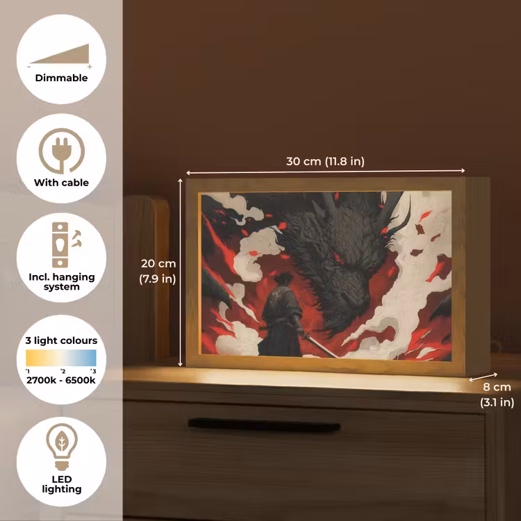 Krijger - Draak - Zwart - Rood - Rook Light Box met kabel (Tafellamp) klein -USP_EN