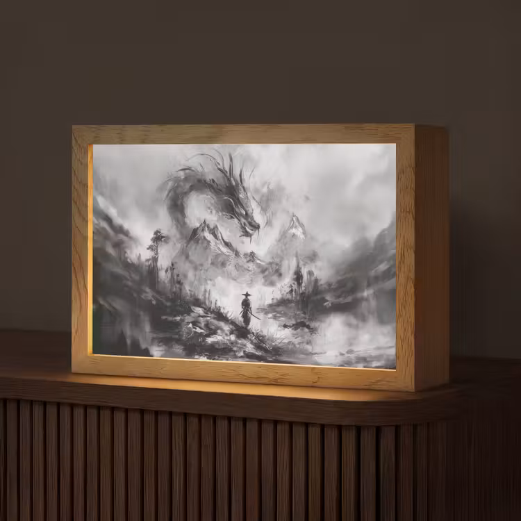 Krijger - Draak - Grijs Light Box met kabel (Tafellamp) klein -z3d_website