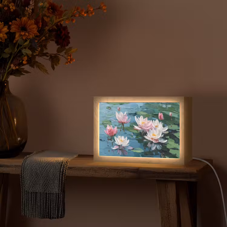 Waterlelies - Bloemen - Roze - Water Light Box met kabel (Tafellamp) klein -sfeer4