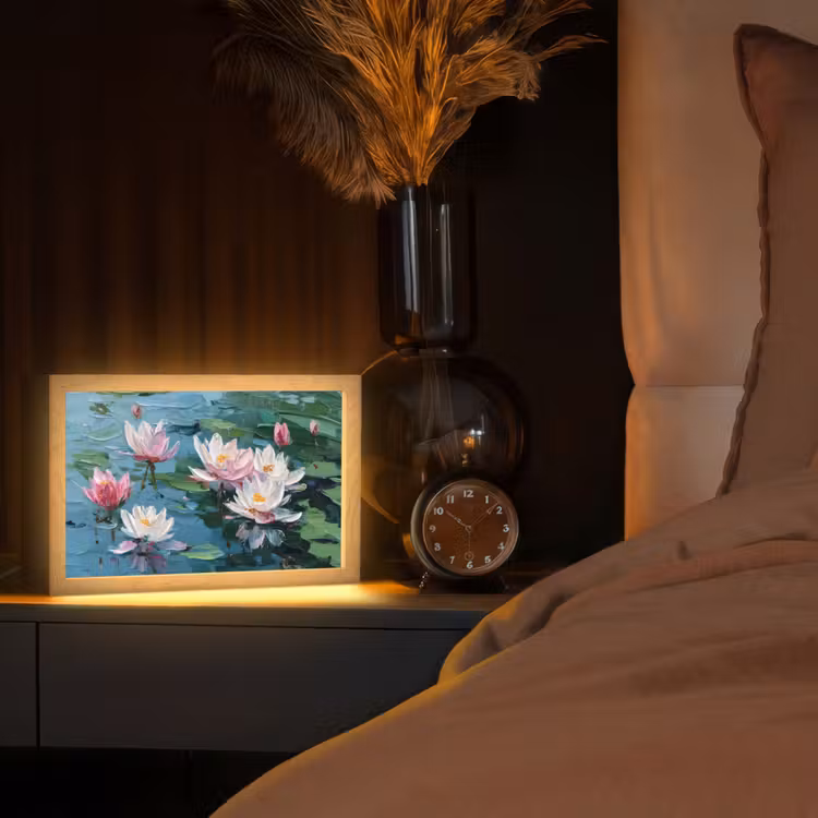 Waterlelies - Bloemen - Roze - Water Light Box met kabel (Tafellamp) klein -sfeer1