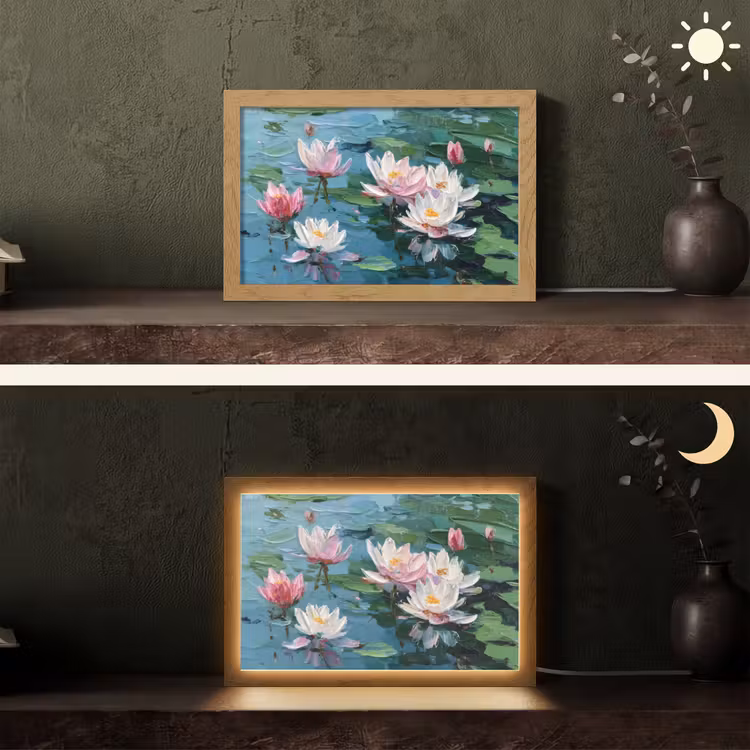 Waterlelies - Bloemen - Roze - Water Light Box met kabel (Tafellamp) klein -sfeer3