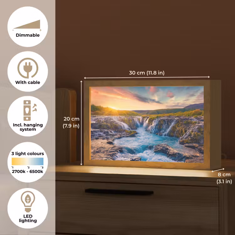 Waterval - Planten - Mos - Landschap - Zonsondergang - Rots Light Box met kabel (Tafellamp) klein -USP_EN